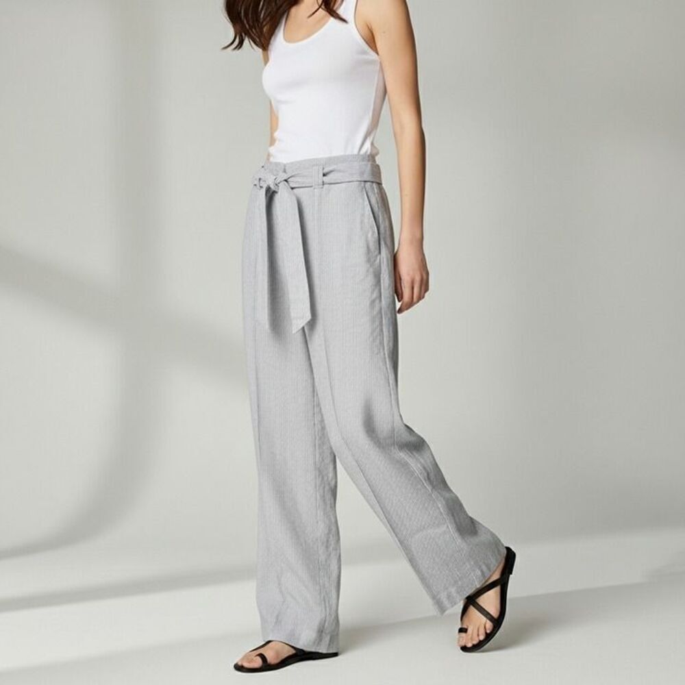 New Chico’s 100% Linen Pinstripe Loose Fit Tie Waist Dress Pants Size 1R/8R US